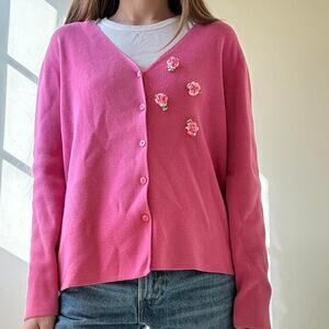 Vintage End On End Knitwear Pink Flower Cardigan Small Cotton Lizzie McGuire